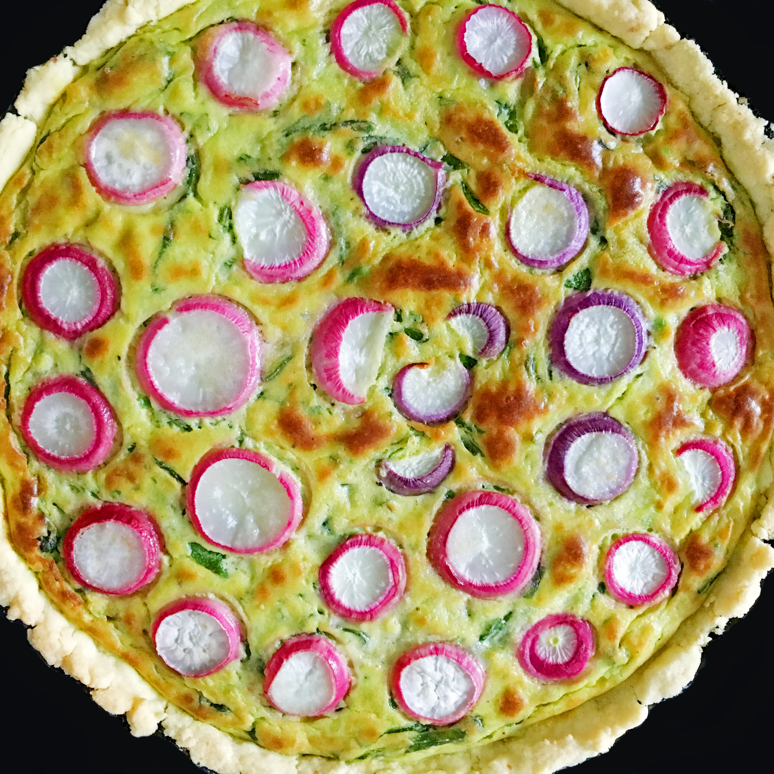 Midsummer radish greens quiche